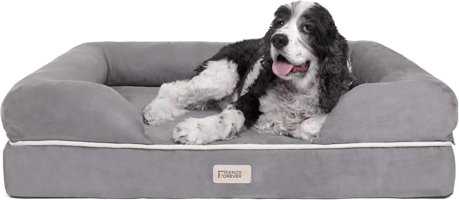 Friends Forever Large Dog Bed Couch, Orthopedic Pet Sofa Memory Foam | Dog Couch with Washable Removable Bed Cover, Non-Slip Bottom, Indoor Calming Chairs Mattress, Chester, Pewter Grey Large