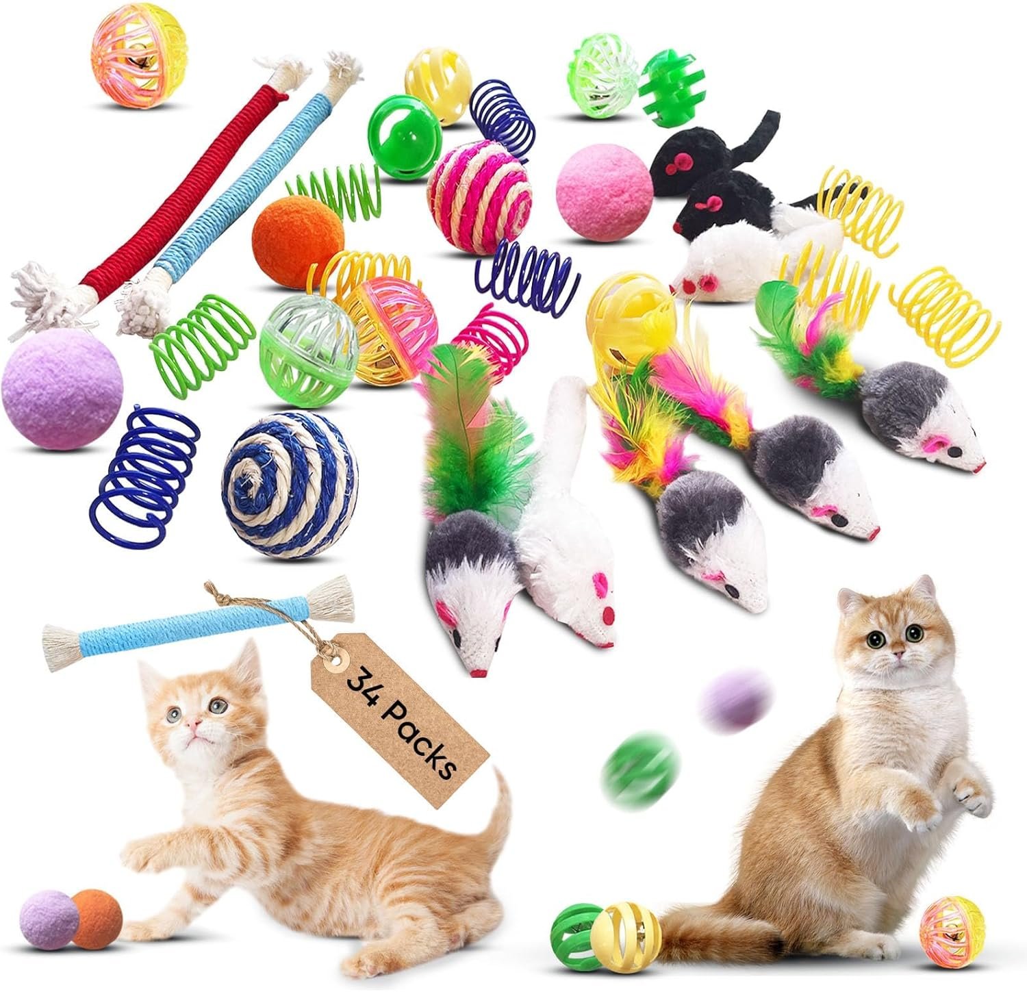 Cat Toys for Indoor Cats, 34 Pack Interactive Cat Toy Set for Kitten | Kitten Toys Variety Pack with Chew Toy, Spring, Mouse & Ball, Ideal for Enrichment, Boredom Relief and Self Play, Toy Bulk