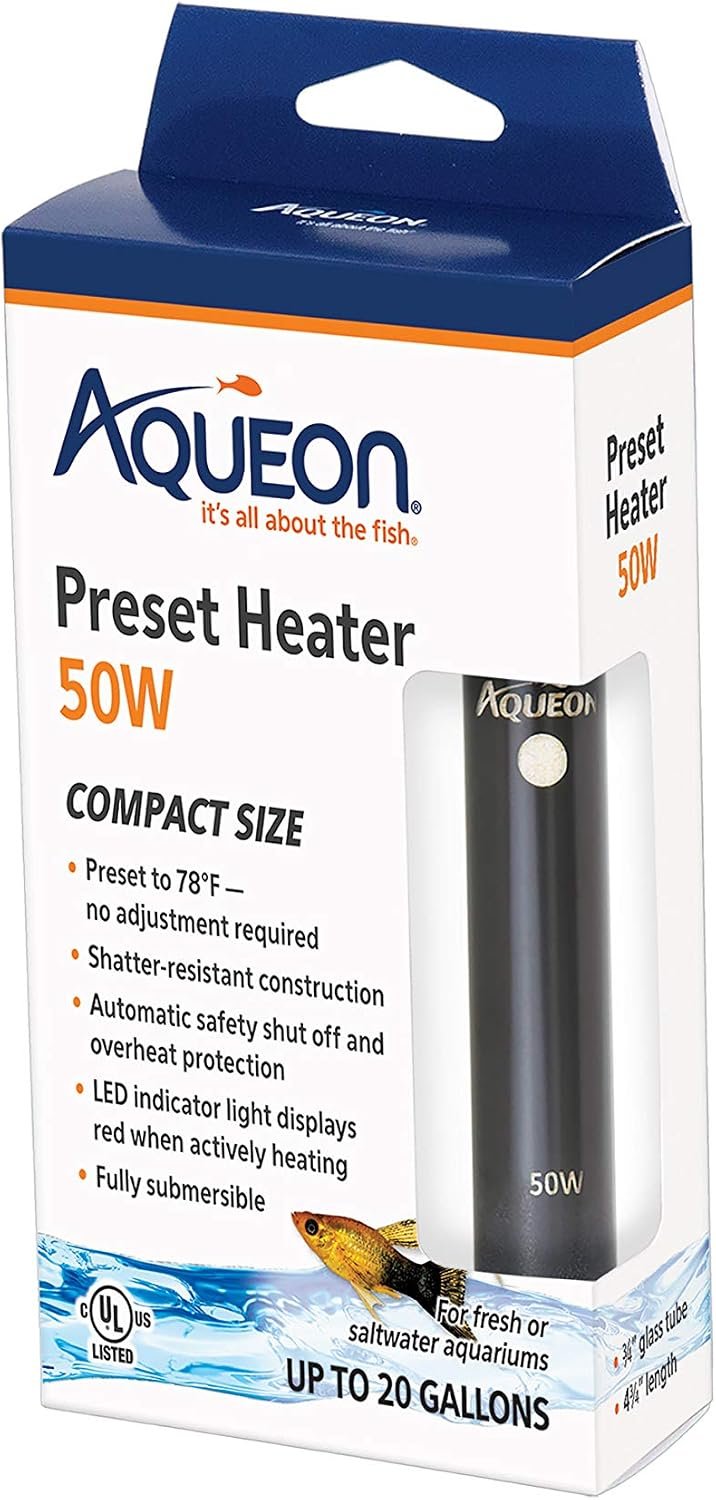 Aqueon Aquarium Fish Tank Heater, Preset, Up to 20 Gallons, 50 Watts | 20 gallon aquarium heater, fully submersible with auto shut-off, preset 78Â° and shatter-resistant quartz glass