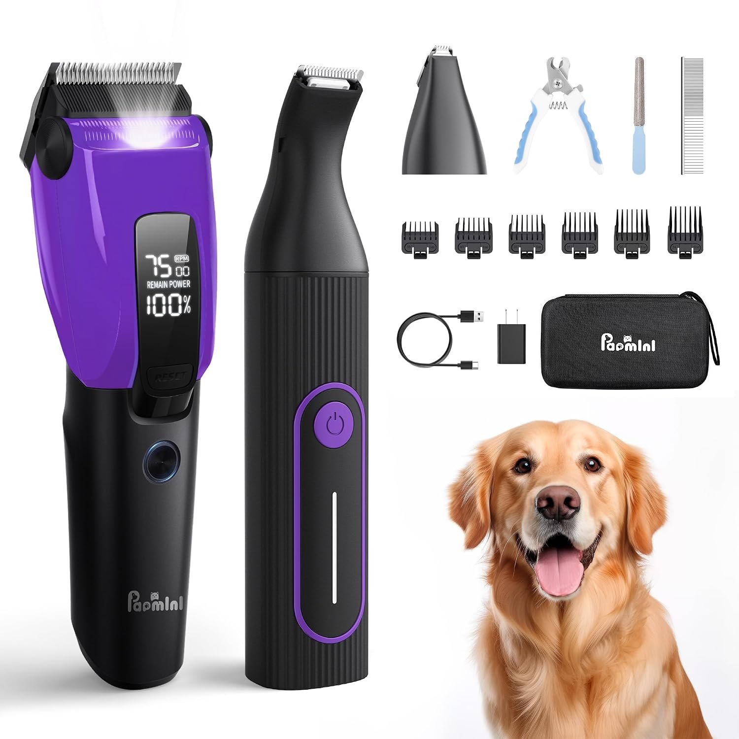 PAPMINI 3 in 1 Dog Grooming Kit for Heavy Thick Hair&Coats, Low Noise Dog Clippers for Grooming, Rechargeable Cordless Pet Shaver with Storage Box, Paw Trimmer for Small and Large Dogs Cats