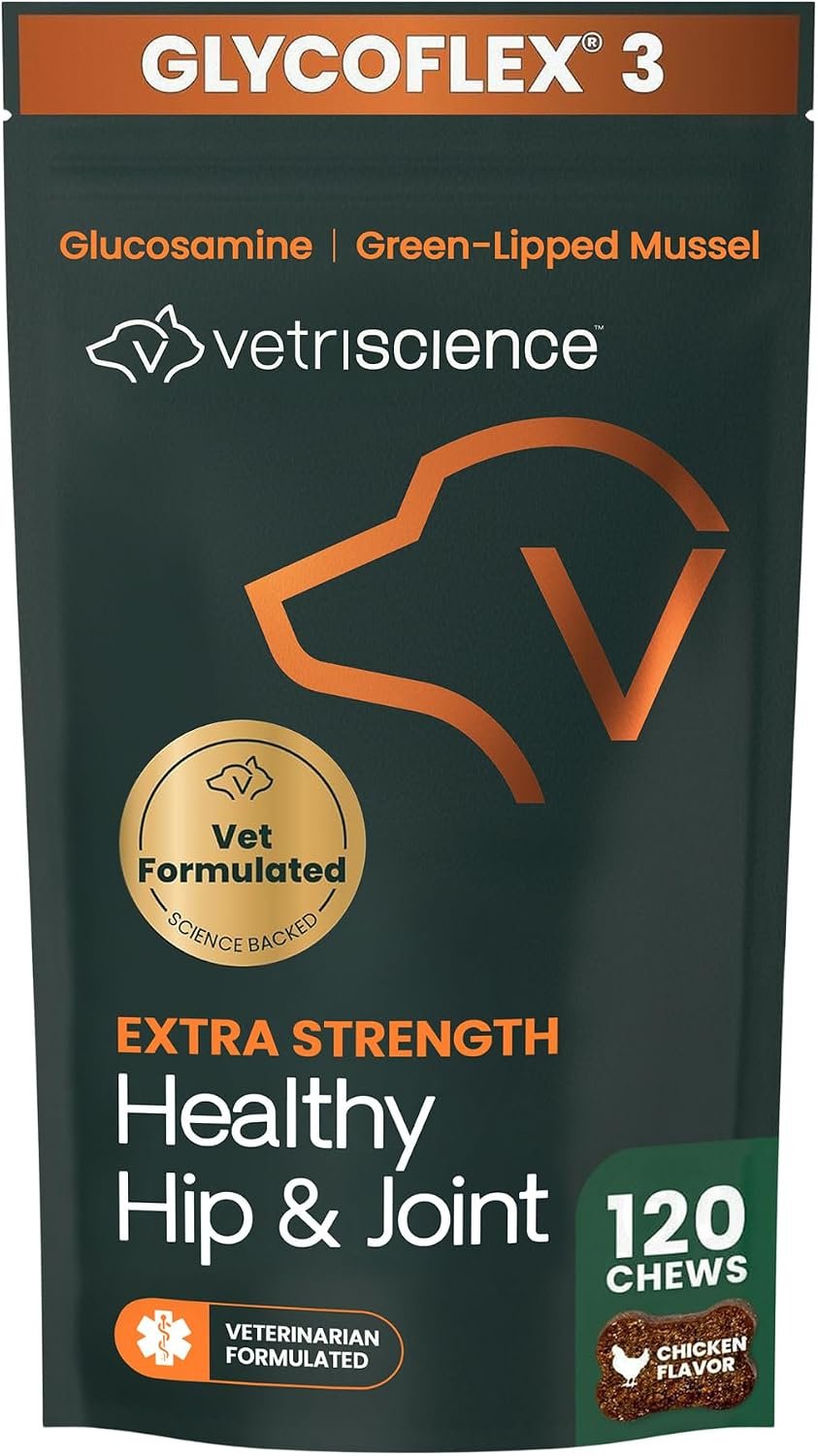 VetriScience Extra Strength Healthy Hip & Joint for Dogs, Chicken, 120ct | Supports Joint Health & Mobility, Vet-formulated w/Glucosamine, MSM, DMG & Green-Lipped Mussel