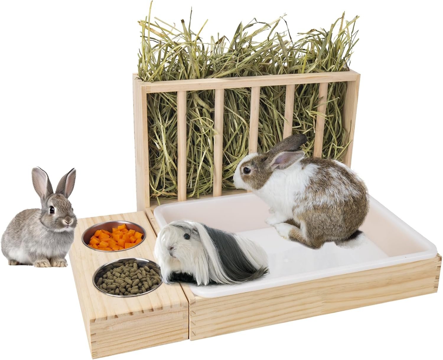 BESNEW 3 in 1 Rabbit Hay Feeder with Litter Box,Wooden Hay Feeder with 2 Bowls & Litter Box for Guinea Pig Chinchilla Bunny Other Small Animals,Large Capacity & Preventing Waste