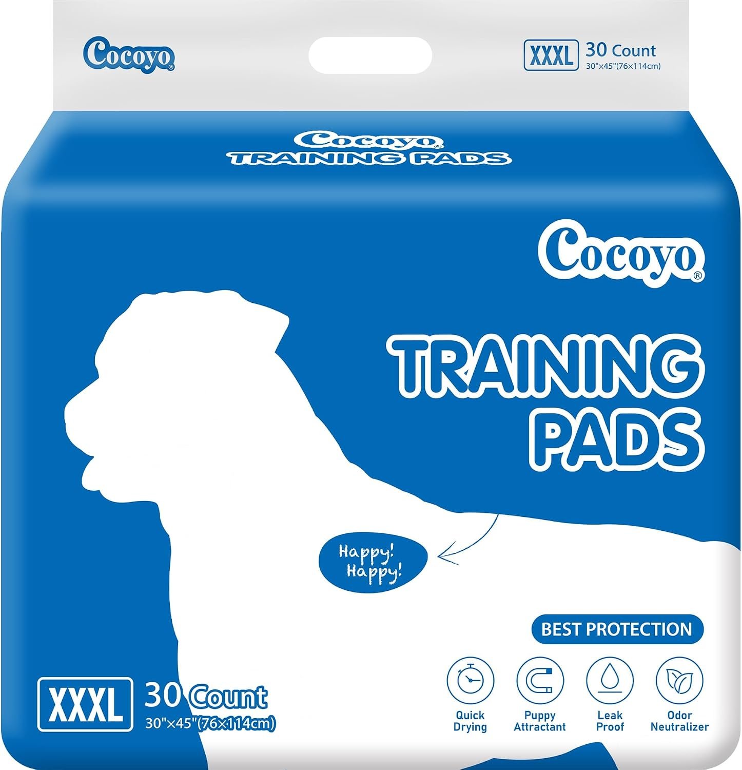 COCOYO Best Value Dog Training Pads Giant Size | Dog Pee Pads XXXL Size | Super Absorbent Puppy Pads (30″ x 45″, 30 Count) (XXXL)