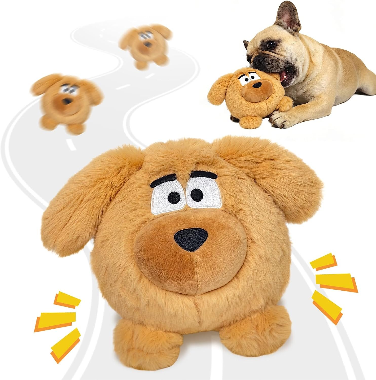 Moving Dog Ball, Jumping Squeaky Interactive Dog Toys, Plush Chew Toys for Small/Medium/Large Dogs, USB Rechargeable (Brown)