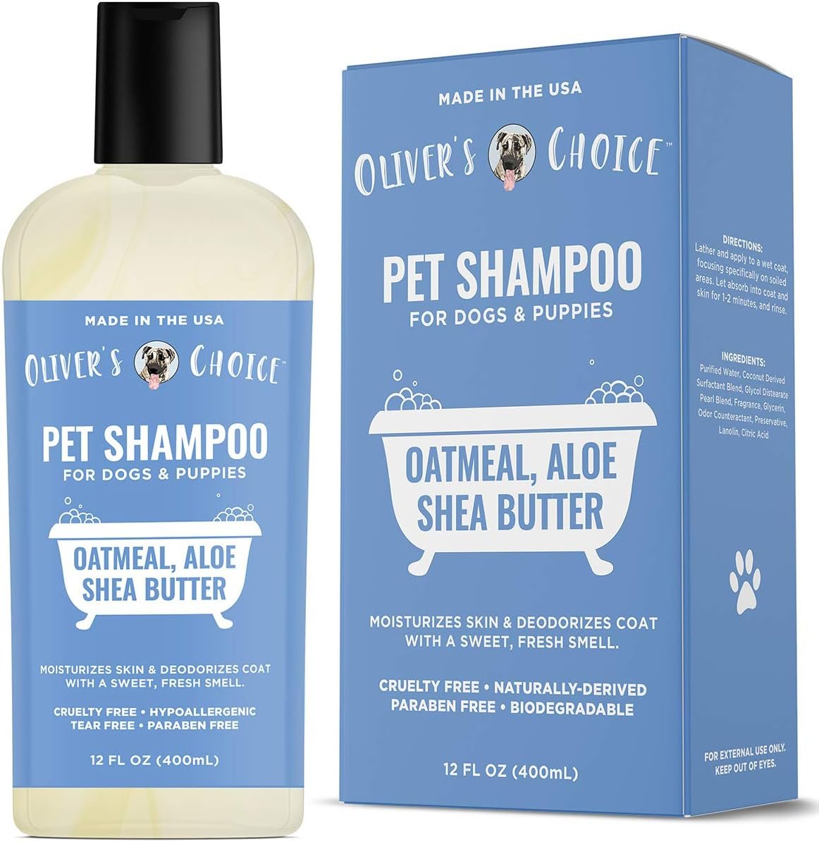 OLIVER’S CHOICE Dog Shampoo with Oatmeal, Aloe & Shea Butter – Deodorizing Puppy Shampoo for Smelly Dogs, Itchy Skin Relief, Paraben-Free, Biodegradable, Cruelty Free – 14 fl. oz | Sensitive skin care, Itch relief, Deodorizing, Aloe, Shea butter, Soft coat hydration