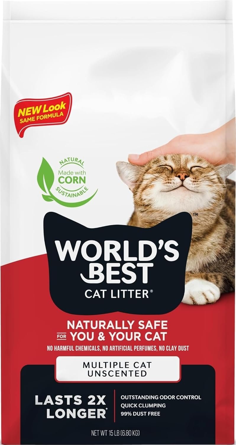 World’s Best Cat Litter, Multiple Cat, Unscented, Odor Control, 15 lb Bag | Controls tough multi-cat odors and lasts 2x longer; natural corn litter, quick clumping, flushable, 99% dust free