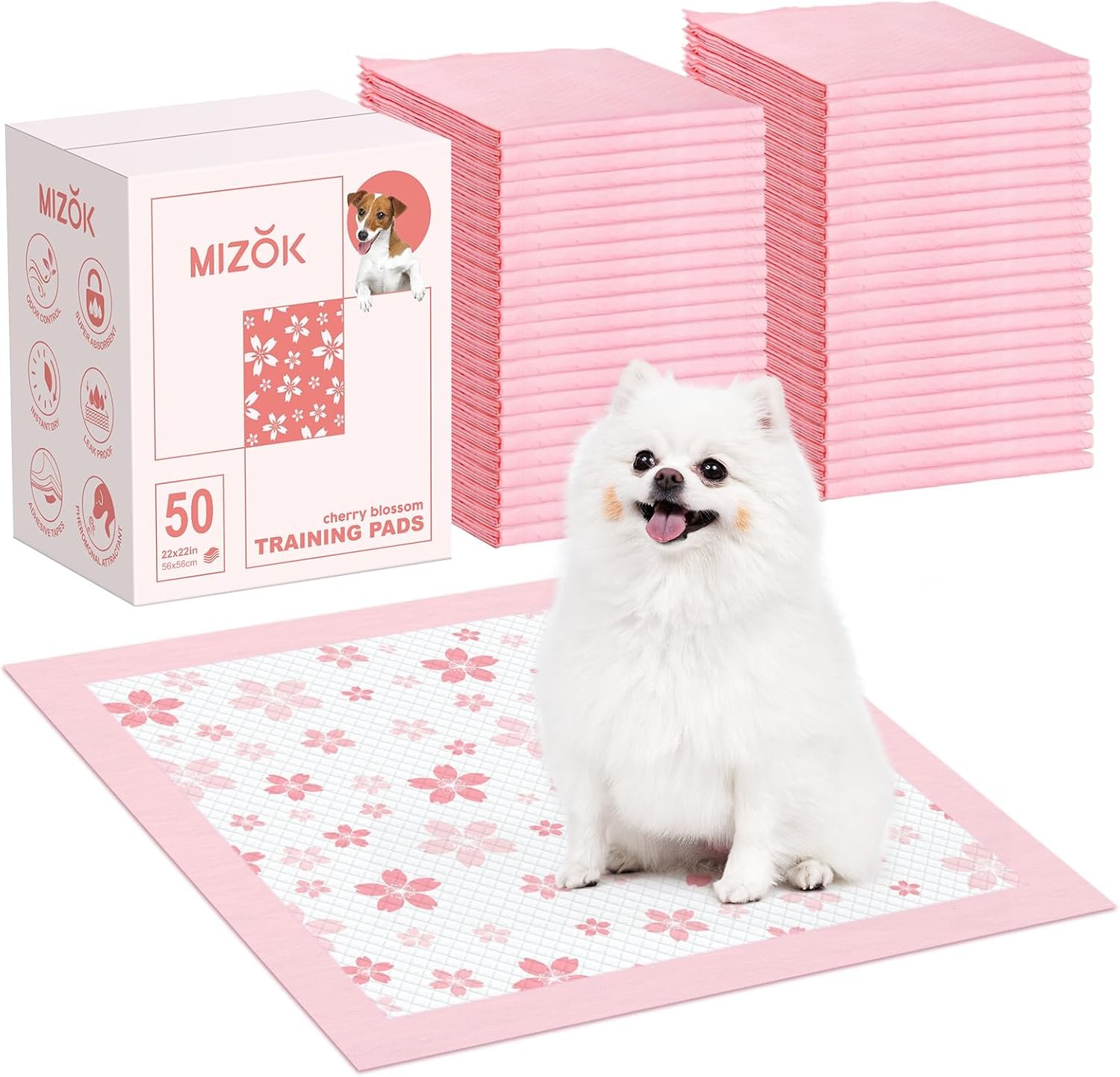 MIZOK Pink Puppy Pads with Adhesive Tabs Wee Wee Pads for Dogs 22x22in 50Ct | Cute Cherry Blossom Designs Feature Pheromone Attractant for Fast Training Small Dog Potty Pads Ideal for Female Puppy Needs