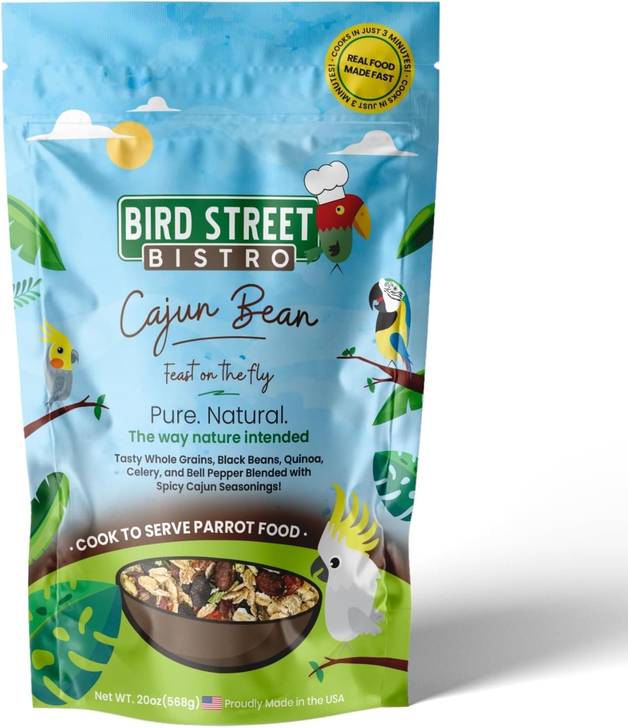 Bird Street Bistro Parrot Food for Parakeets & Cockatiels – Cajun Bean – 20 oz – Cooks in 3-15 min, Natural Grains, Fruits & Vegetables – USA Made