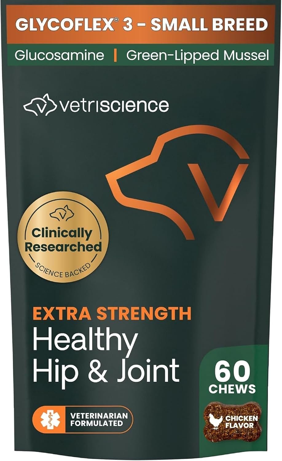 VetriScience Extra Strength Healthy Hip & Joint, Small Dog, Chicken, 60ct | GlycoFlex Glucosamine & Green-Lipped Mussel Joint Support Supplement for Small Breed Dogs, Soothe Joint Discomfort