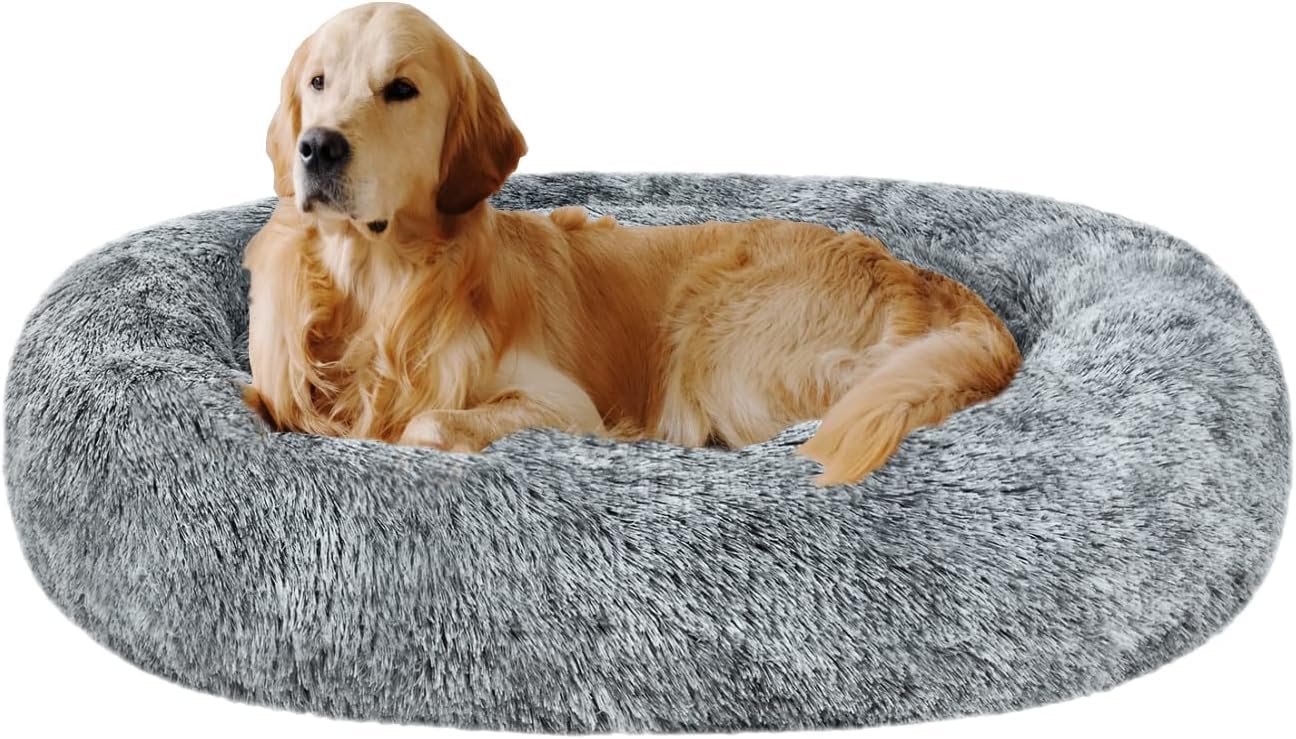 Coohom Oval Calming Donut Cuddler Dog Bed,Shag Faux Fur Cat Bed Washable Round Pillow Pet Bed(30″/36″/43″) for Small Medium Dogs (XL(36″x27″x7″), Grey)