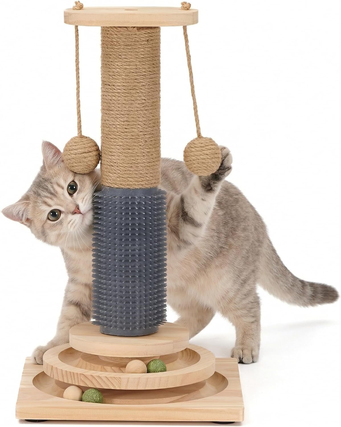4-in-1 Solid Wood Cat Scratching Post with Self-Groomer, Medium Size | Natural Sisal Scratcher with 2-Level Track Ball Toy, Interactive Cat Tree and Furniture Protector for Indoor Cats