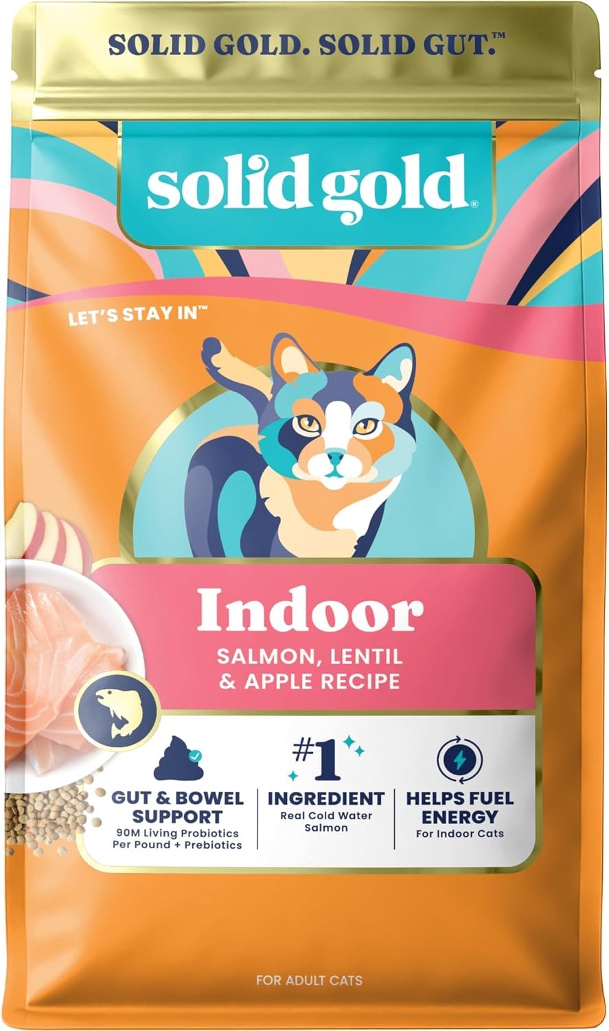 Solid Gold Indoor Salmon Dry Cat Food, High Fiber, Adult & Senior Cats 12LB | Grain Free, High Fiber Indoor Cat Food with Probiotics for Gut Health & Digestion, Supports Energy – for Adult Indoor Cats