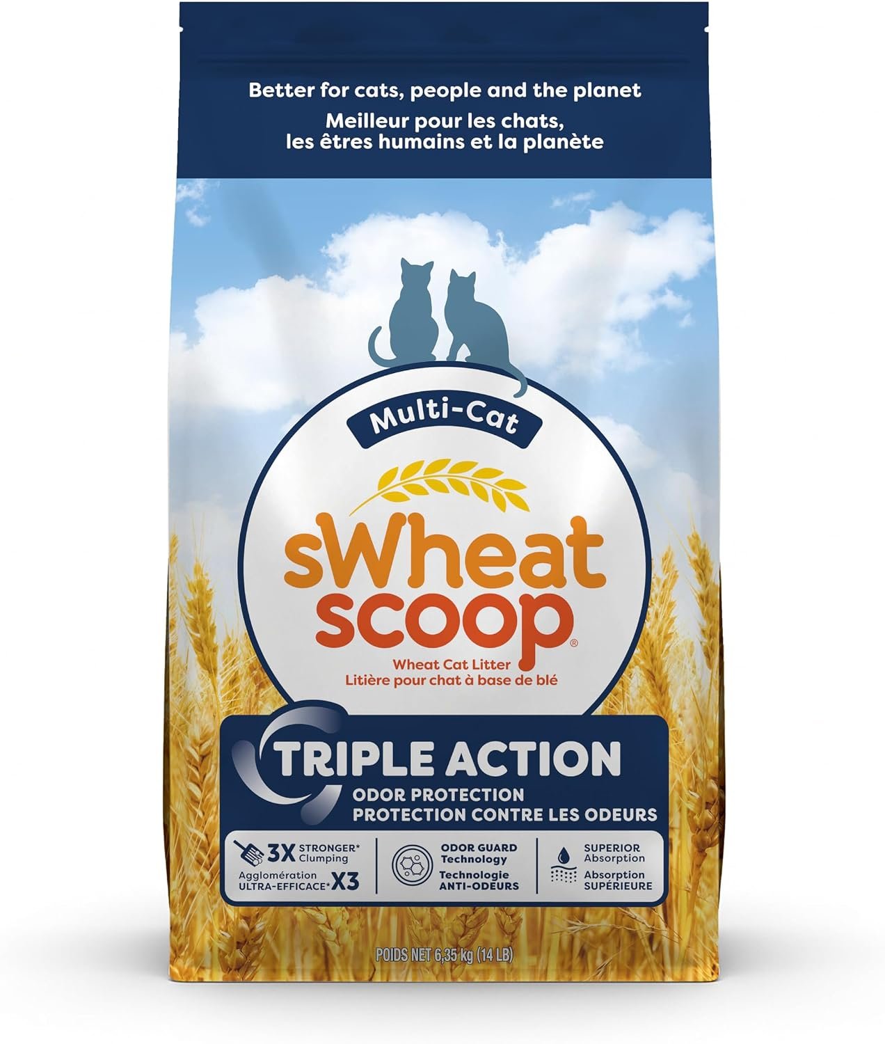 sWheat Scoop Triple Action Natural Wheat Cat Litter Odor Guard Technology, 3X Stronger Clumping, Super Absorbtion, 99.5% Dust Free Performance, 14 Pounds