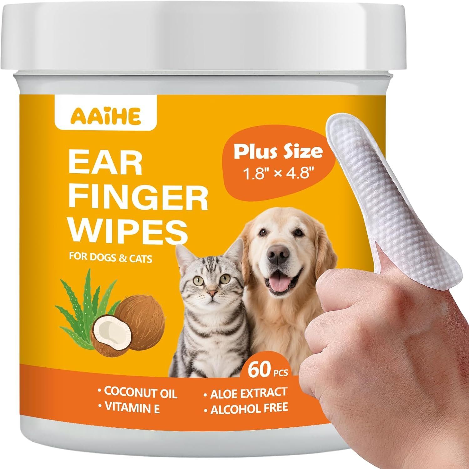 Plus Size Dog Ear Wipes for Dogs & Cats, Coconut Scent, 60 Count