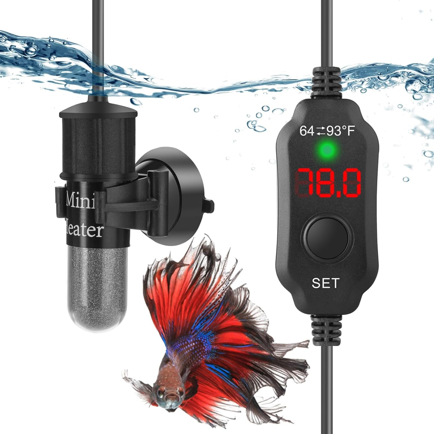 Super Mini Aquarium Heater 10W Betta Heater for 1-2 Gallon Tanks, Small Fish Tank Heater Turtle Heater with Dry-Run/Overheat Protection, Memory Function