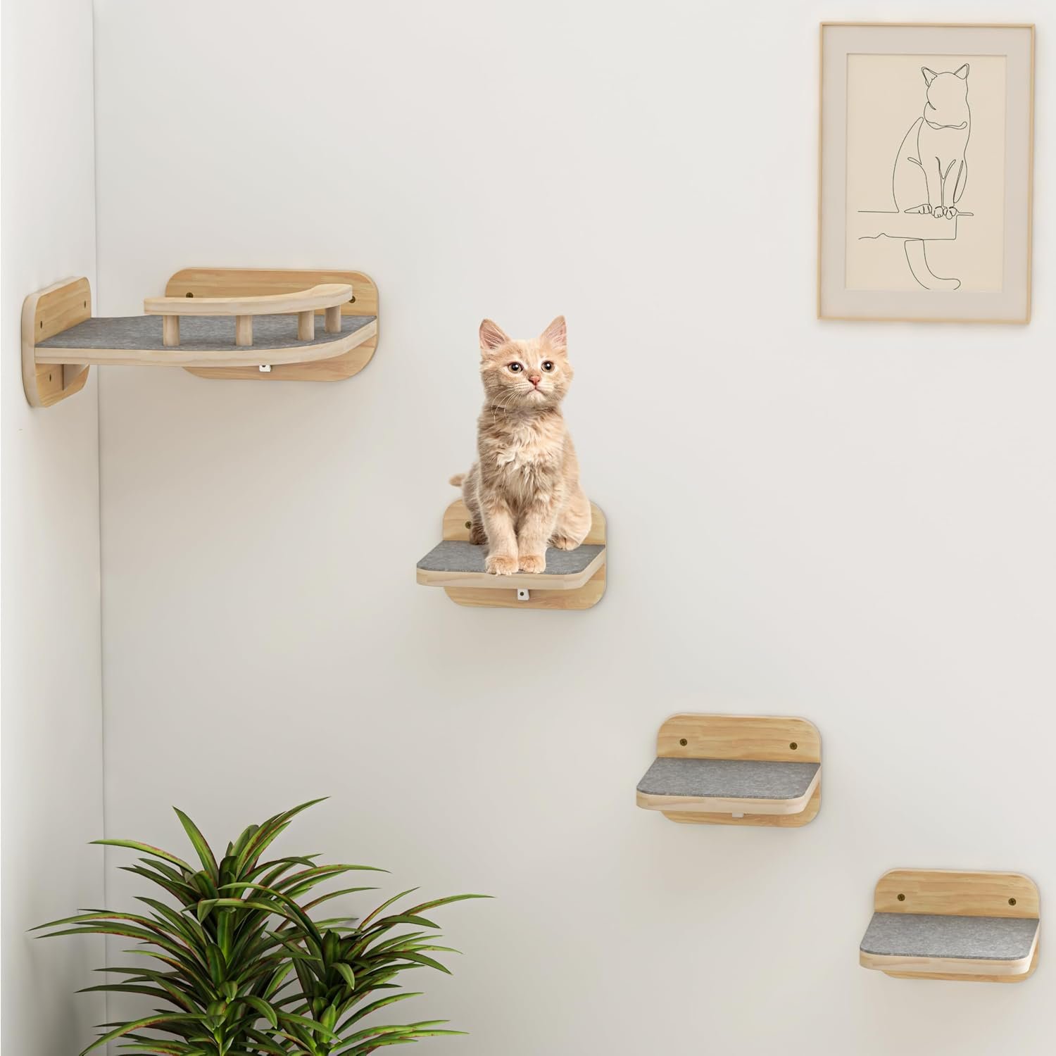 Megidok Cat Wall Furniture Corner Climbing Shelf Perches, Cat Bed Wall Mounted with 3 Wide Steps,Modern Floating Stairs for Wall Indoor Cats up to 22 Lbs for Cats – Wood Color