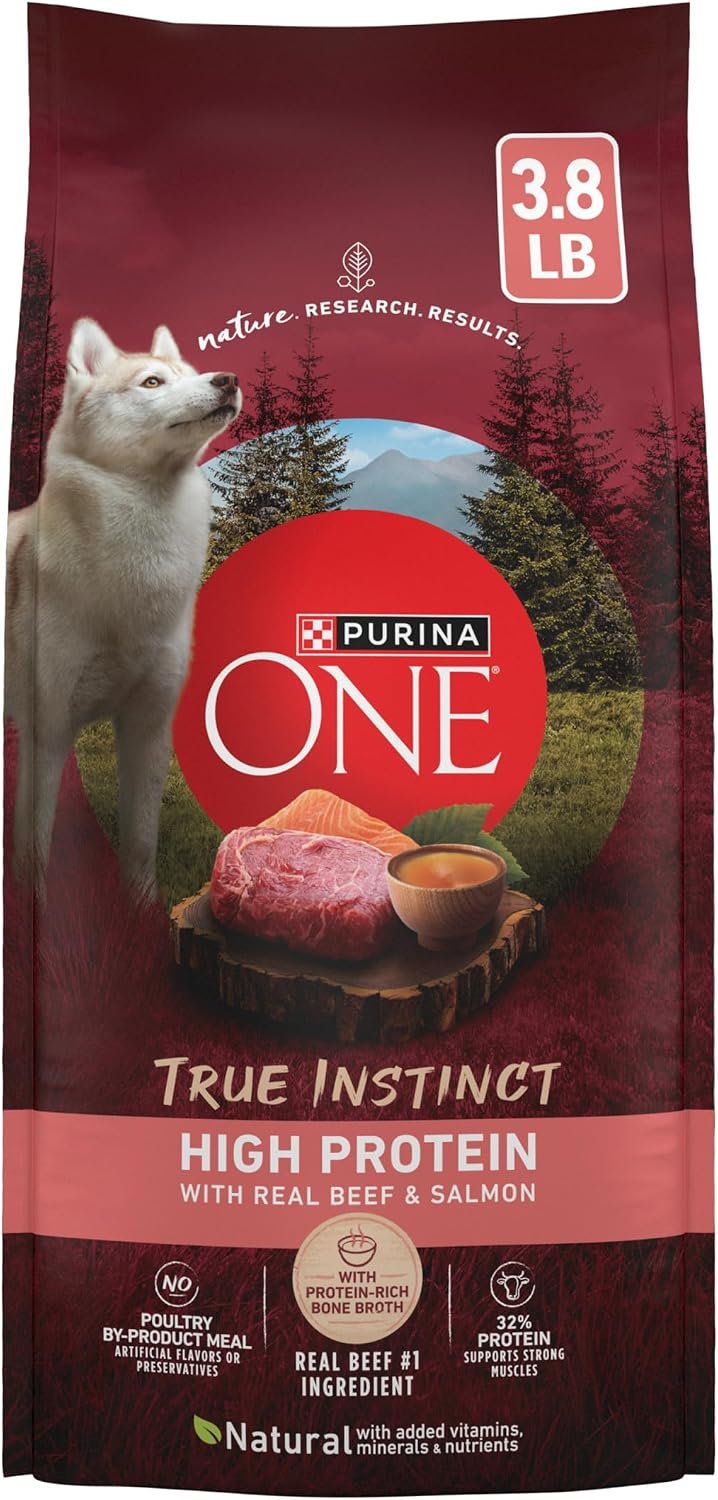 Purina ONE True Instinct High Protein Formula with Real Beef and Salmon Dry Dog Food – (4) 3.8 lb. Bags | Nutrient dense, with 32% protein for strong muscles, natural with added vitamins, minerals and nutrients