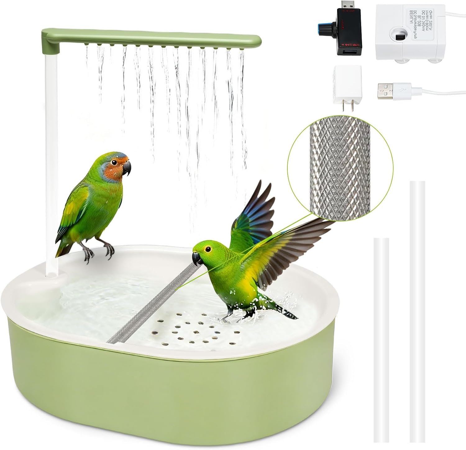 Parakeet Bird Bath – Parrot Shower for Budgie Cockatiel Lovebird and Conure | Stainless Perch, Adjustable Water Flow Fountain, Automatic, Large Parrot Shower, Indoor