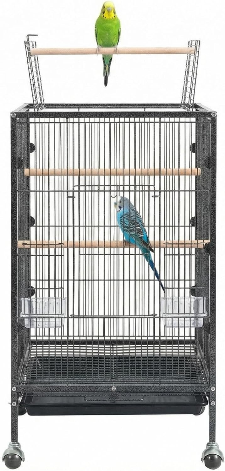 35″ h Metal Bird Cage,Large Bird Cage with Play Open Top, Rolling Flight Cage Rolling for Parakeets, Canaries, Lovebirds, Small Quaker, Cockatiels, Budgies