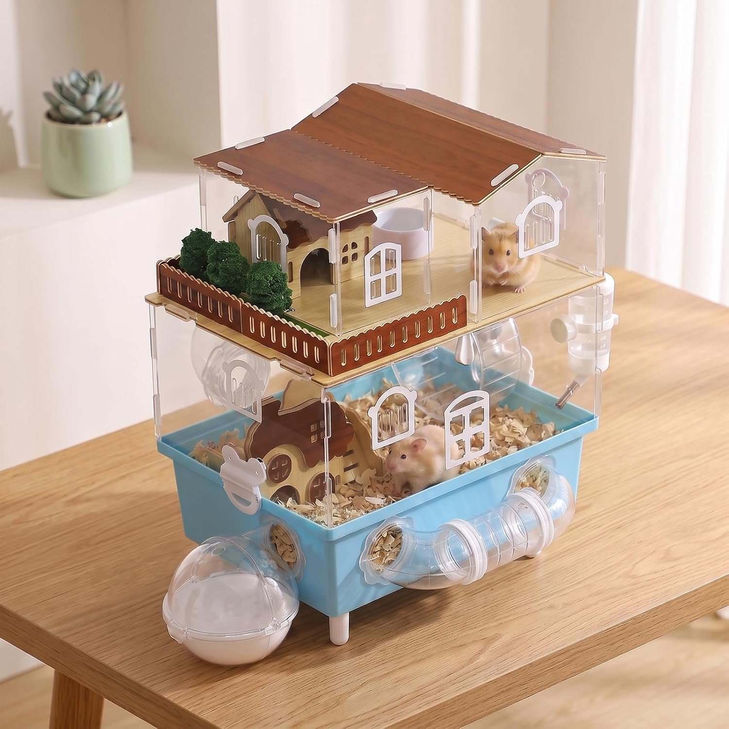 Acrylic Hamster Cage 2 Tier Clear Hamster House with Tunnels | Dwarf Hamster Cage & Habitat with Running Wheel, Food Bowl for Gerbils Syrian Hamsters,13.3”L* 9.8”W* 17.4”H, Blue