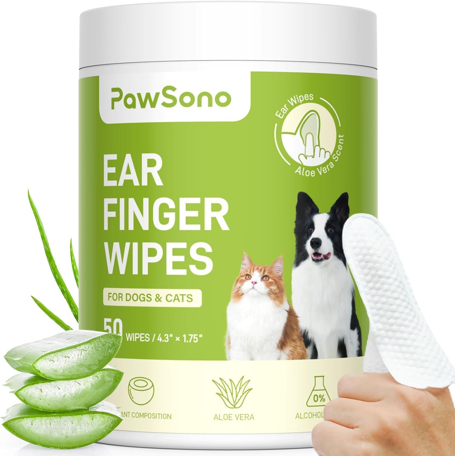 PawSono Dog Ear Wipes – 50 Count Dog Ear Cleaner Finger Wipes for Dogs & Cats, Pre-Moistened Ear Cleaning Wipes for Puppies, Kittens & Small Animals, Thick Pet Ear Wipes to Remove Wax, Dirt & Debris