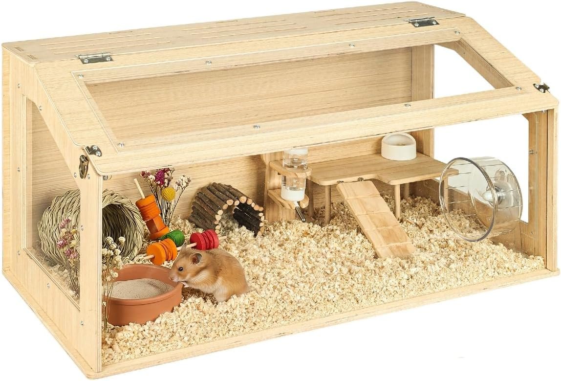 Large Wooden Hamster Cage, 31.5″ Portable Habitat with Acrylic Panels & Openable Top, Includes Water Bottle, Fences and Platform for Syrian Hamsters, Dwarf Hamsters, Gerbils