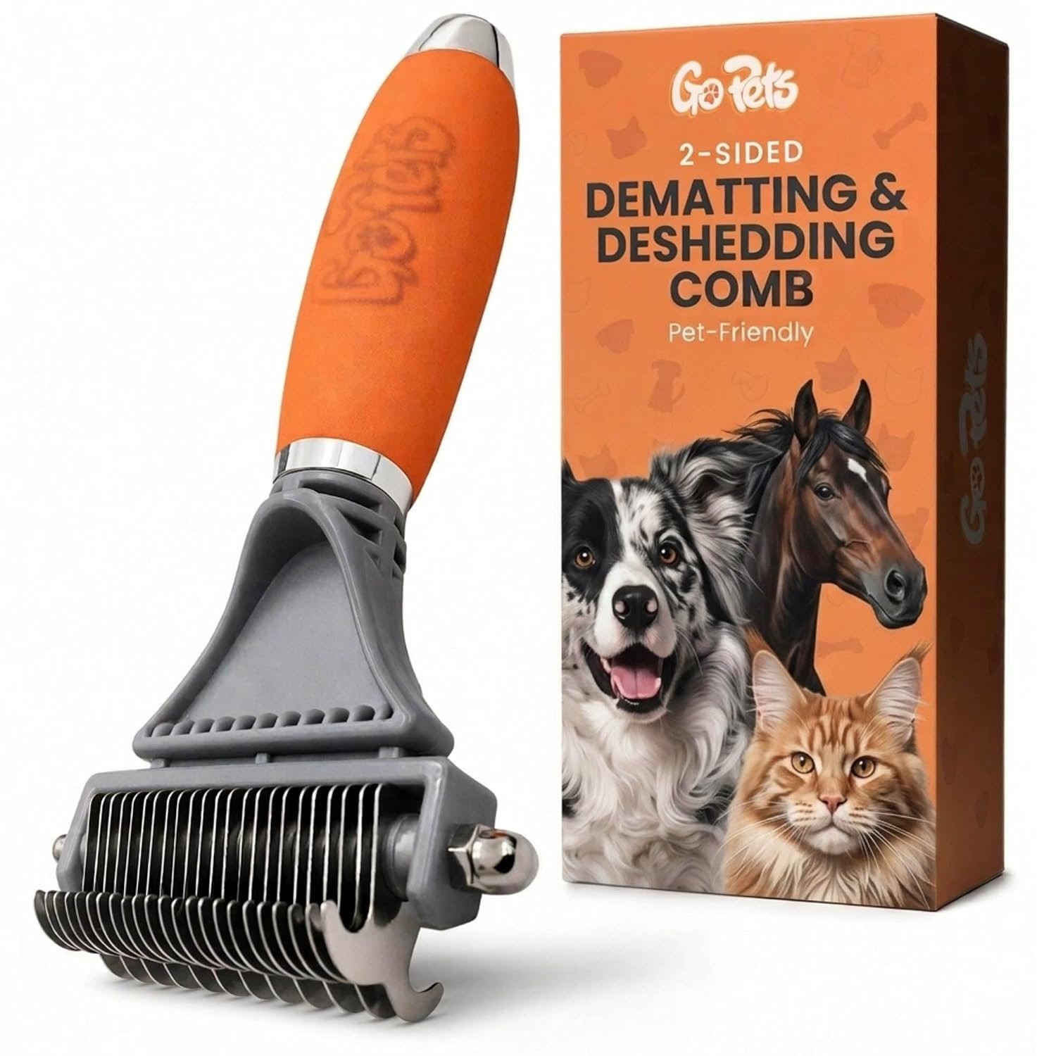 GoPets 2-in-1 Deshedding & Dematting Comb & Grooming Brush for Dogs & Cats | Double-Sided Dog Rake for Shedding, Pet Deshedding Brush, Undercoat Mat Dematting Tool for Long Haired Cats, Grooming Matting