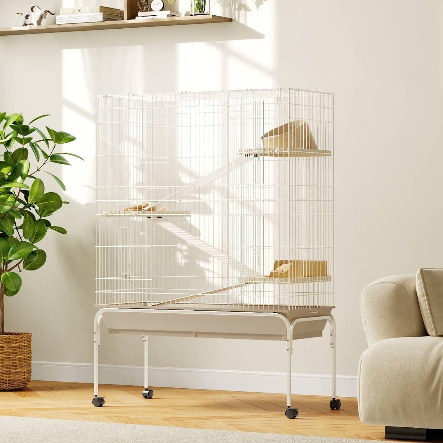 IDEALHOUSE 4-Tier Rolling Small Animal Cage, Multi-Level Metal Pet Cage with Pull-Out Tray, Water Bottle and Platforms, Mobile Pet Habitat for Chinchilla, Ferret, Squirrel and Rat, Beige