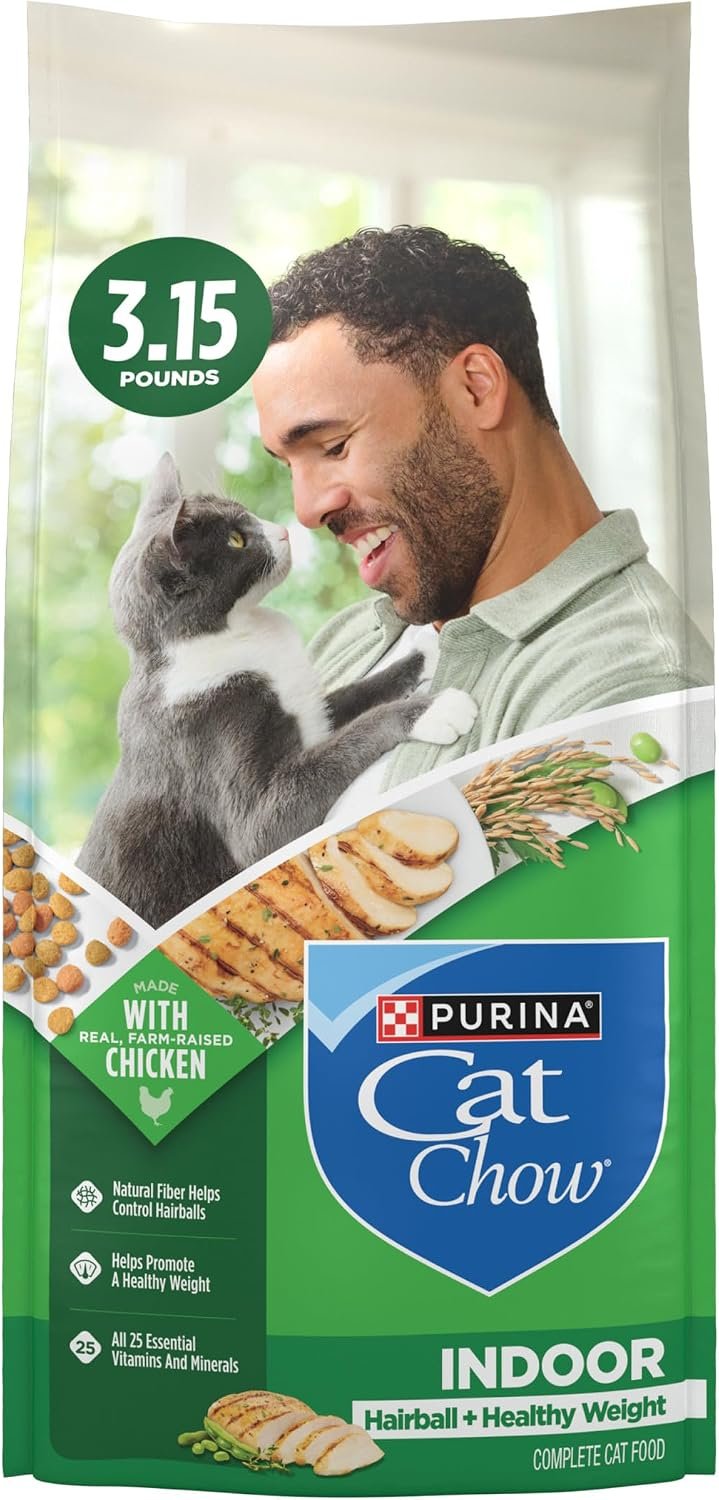 Purina Cat Chow Indoor Hairball + Healthy Weight Dry Cat Food, (4) 3.15 lb | Indoor cat food with farm-raised chicken, supports healthy weight and hairball control