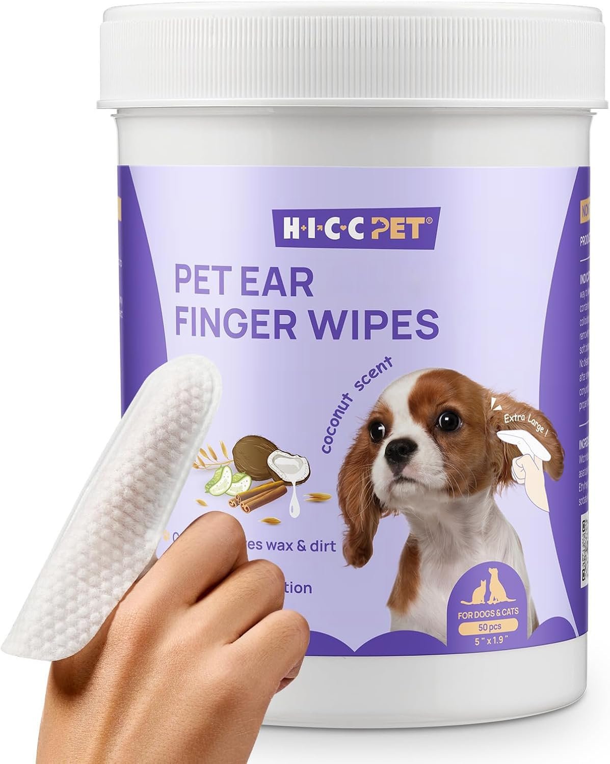 HICC PET Ear Cleaner Finger Wipes for Dogs & Cats, Coconut Scent, 50 Count