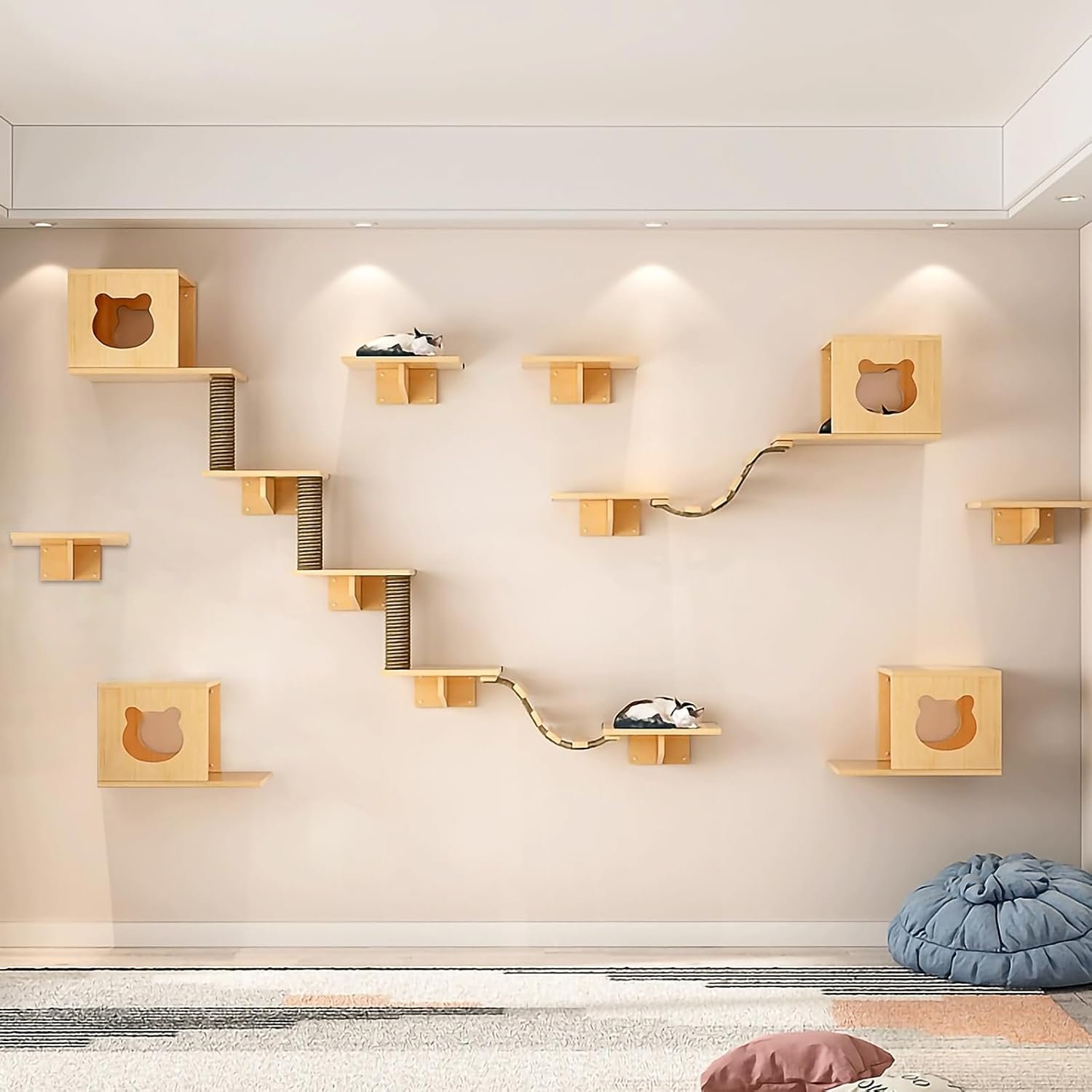 Cat Wall Shelves and Furniture Set with Condos, Perches, Bridge Ladders, Sisal Scratching Posts – Steps and Houses for Cats (B)