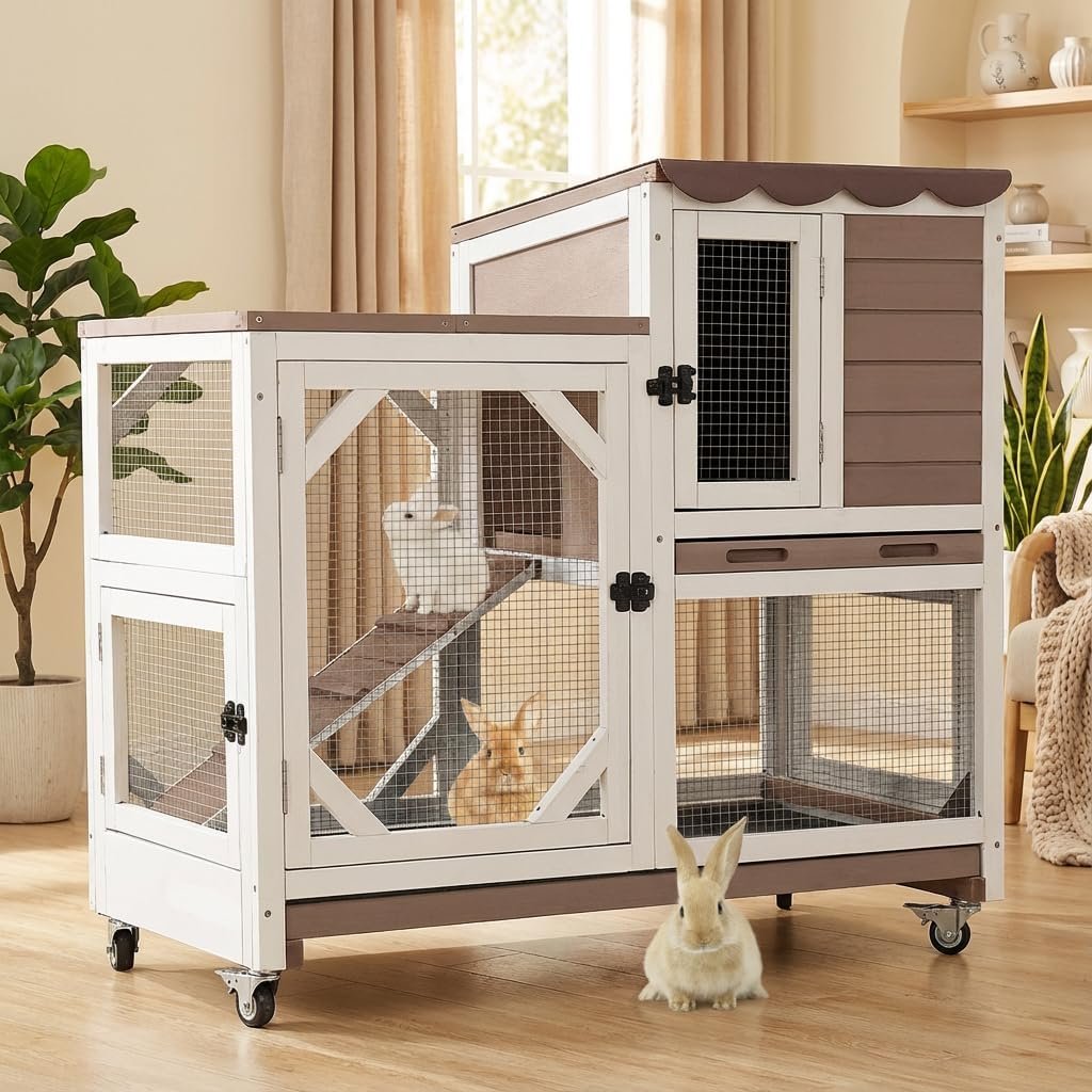 Aivituvin 39.3″ Large 2-Story Rabbit Hutch, Indoor Outdoor Bunny Cage with Chew-Proof Ramp, Leak-Proof & Easy-to-Clean Tray, Lockable Wheels, for Rabbits & Guinea Pigs