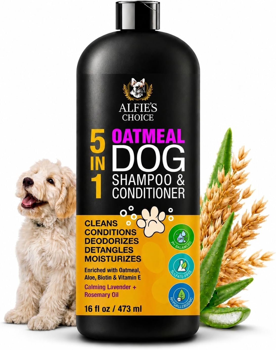 Oatmeal Dog Shampoo and Conditioner for Itchy Skin Relief 16 fl oz | 5-in-1 Puppy Shampoo for Sensitive Skin | Clean, Condition, Deodorize & Detangle | Dog Wash for All Breeds | ALFIE’S CHOICE