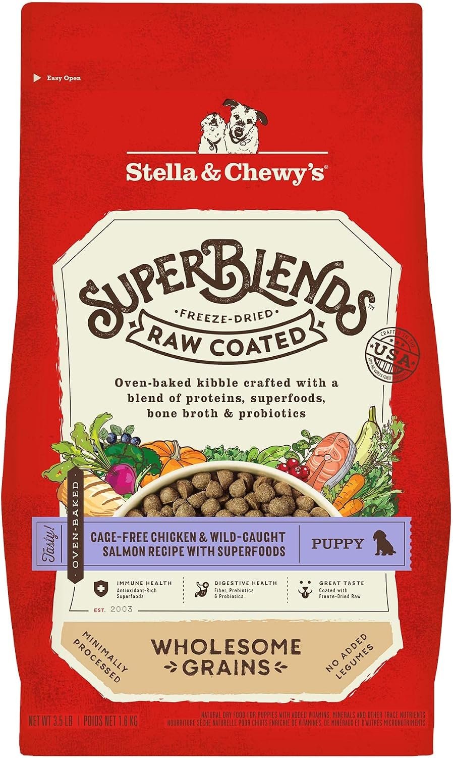 Stella & Chewy’s SuperBlends Raw Coated Wholesome Grains Puppy Cage-Free Chicken & Wild-Caught Salmon Recipe with Superfoods, 3.5 lb. Bag