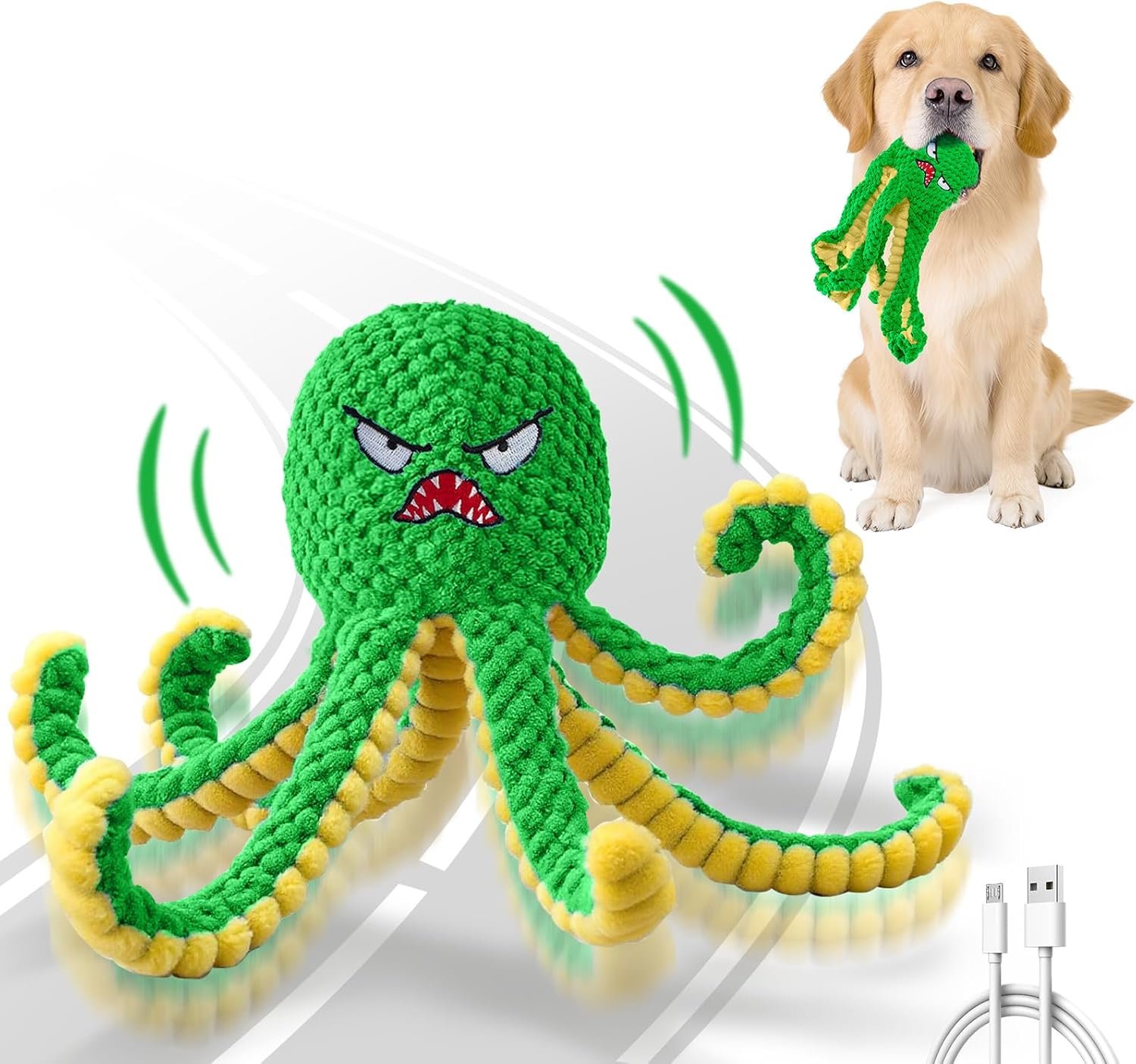 Interactive Dog Toys Octopus,Durable Automatic Jumping Dog Toy to Keep Them Busy,Squeaky Moving Tug of War Doggie Toy,USB Rechargeable,Not for Aggressive Chewers (Green) | Durable Squeaky Tug of War Dog Toy for Small/Medium/Large Dogs,USB Rechargeable,Not for Aggressive Chewers