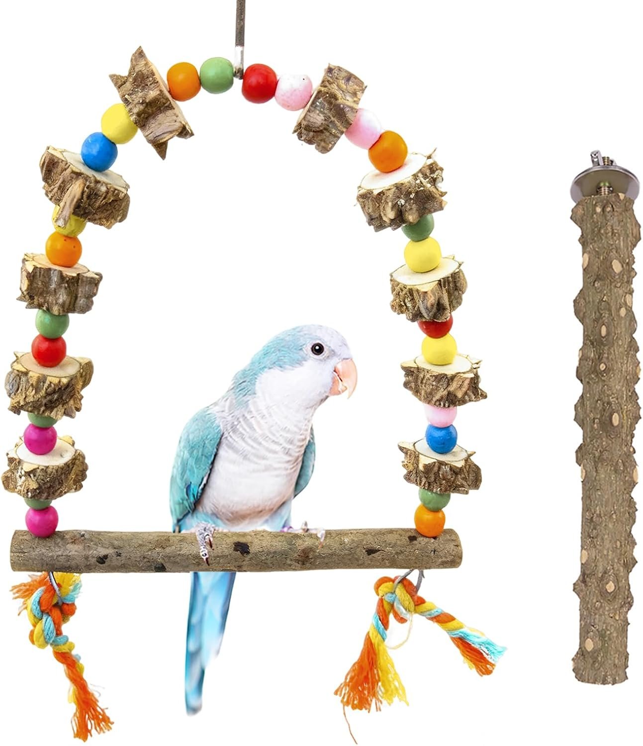 Bird Swing & Chew Toy for Parakeets, Natural Wood Bird Perch with Colorful Beads, Cage Accessories for Small-Medium Parrots, Budgies, Lovebirds, Cockatiels