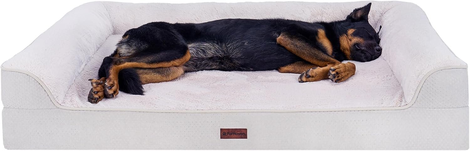 Furhaven Jumbo Plus (53″x40″) Cooling Gel Dog Bed – Cool Gel Memory Foam Sofa Pet Bed, Embossed Velvet, Removable Washable Cover, Clay