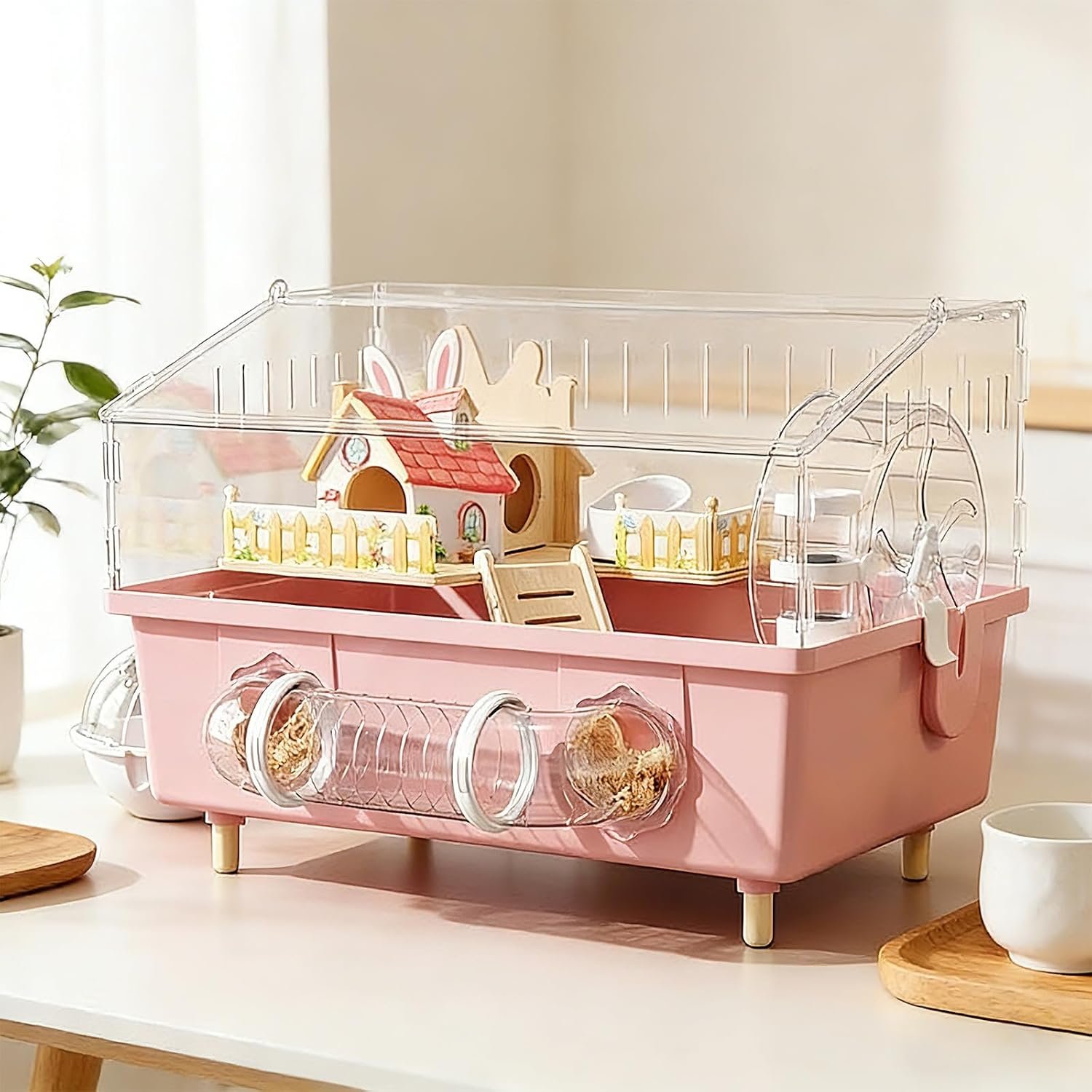 Pink Acrylic Hamster Cage – 18″ Small Animal Home with 180° View, Extra Deep 5.5″ Base, 8″ Silent Wheel & Expansion Ports – for Dwarf Hamsters, Gerbils, Mice