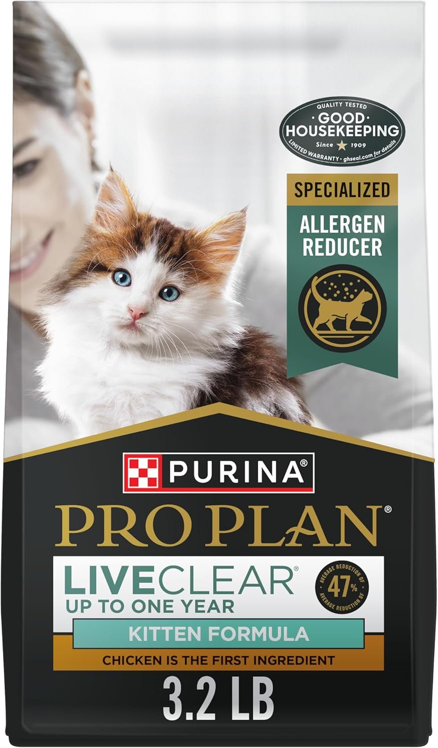Purina Pro Plan LiveClear Dry Kitten Food, Chicken & Rice, 3.2 lb Bag | Reduces the major allergen in cat hair and dander, backed by a decade of research, high protein with live probiotics and DHA