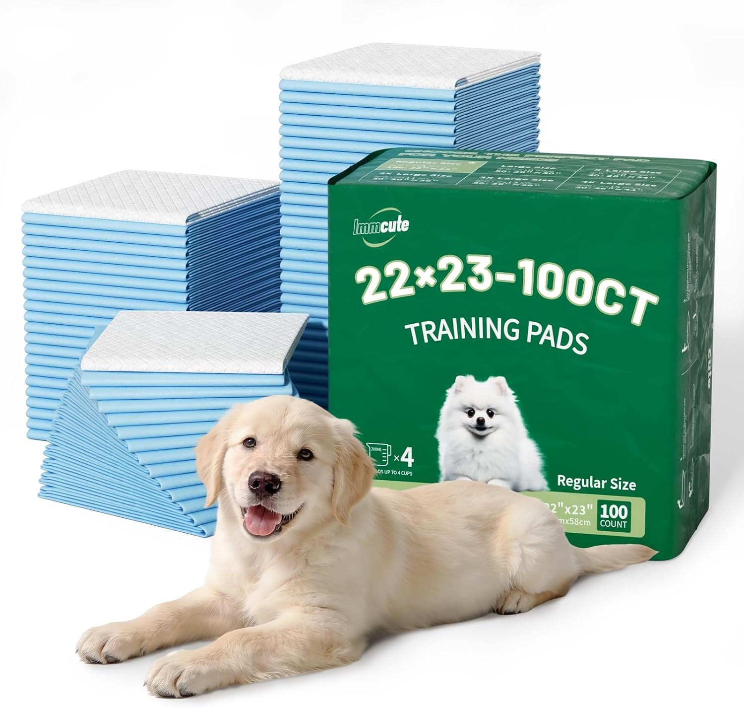 IMMCUTE 100 Count Premium Puppy Pads, 22″x23″ Dog Pee Pads – Ultra-Soft Heat-Sealed, 6-Layer Leak-Proof & Super Absorbent Potty Training Pads for Dogs, Cats, Pets | Crate Training & Indoor Use, Blue