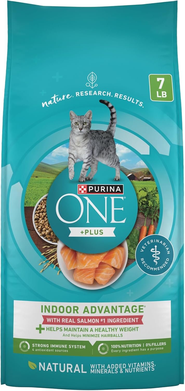 Purina ONE Natural Low Fat, Indoor Dry Weight Control High Protein Cat Food Plus Indoor Advantage with Real Salmon – 7 lb. Bag