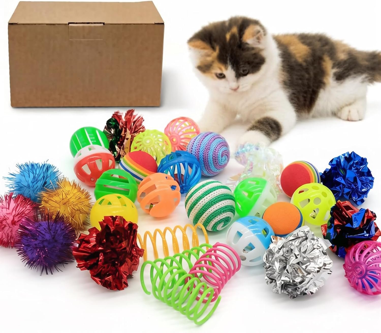 LASOCUHOO Cat Toys Kitten Assortment – Rainbow, Crinkle, Sparkle, Bell & Sisal Balls for All Cats – 30 Packs