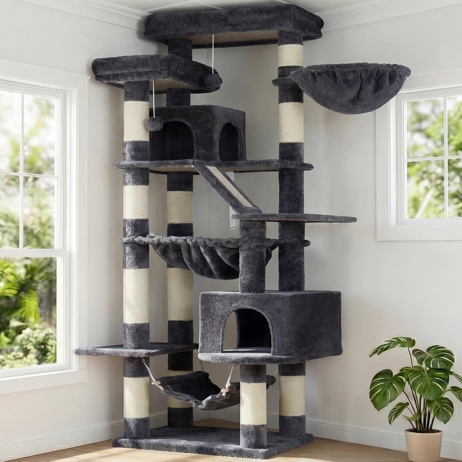 Heybly Cat Tree, 71-Inch-Tall Tower for Indoor Cats with 2 Perches HCT034G | Large Cat Furniture with 2 Big Condos, 2 Hammocks, Basket, Scratching Pad, Multi-Level Cat Condo, Smoky Gray