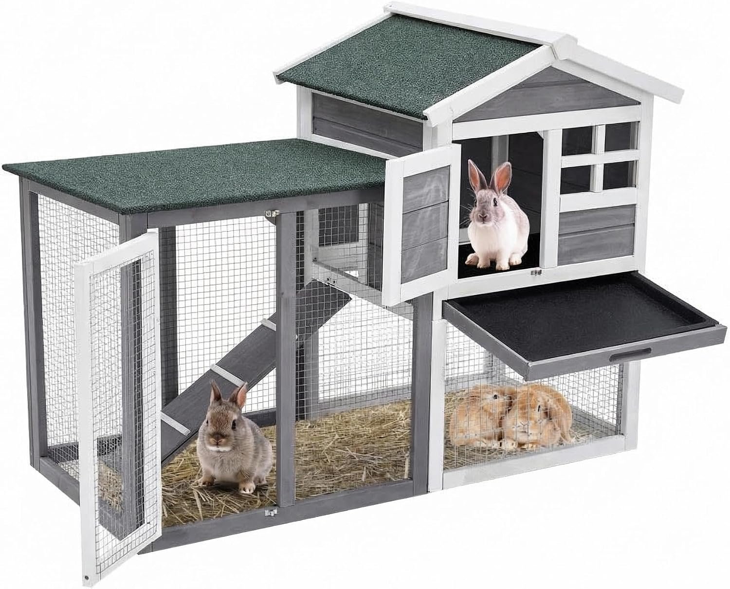 2 Story Rabbit Hutch Outdoor/Indoor, 48” Wooden Bunny Cage with Anti-Chew Metal Frame, Ramp, Removable No Leakage Pull-Out Tray, Weatherproof Asphalt Roof for Rabbit & Guinea Pig