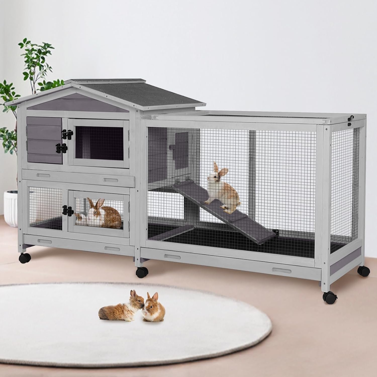 Suumerpety 62″ Rabbit Hutch with Chew-Proof Ramp & Waterproof Roof – Indoor/Outdoor Bunny Cage, 2-Story Design, 6 Lockable Caster Wheels & Dual Pull-Out Trays (Grey)