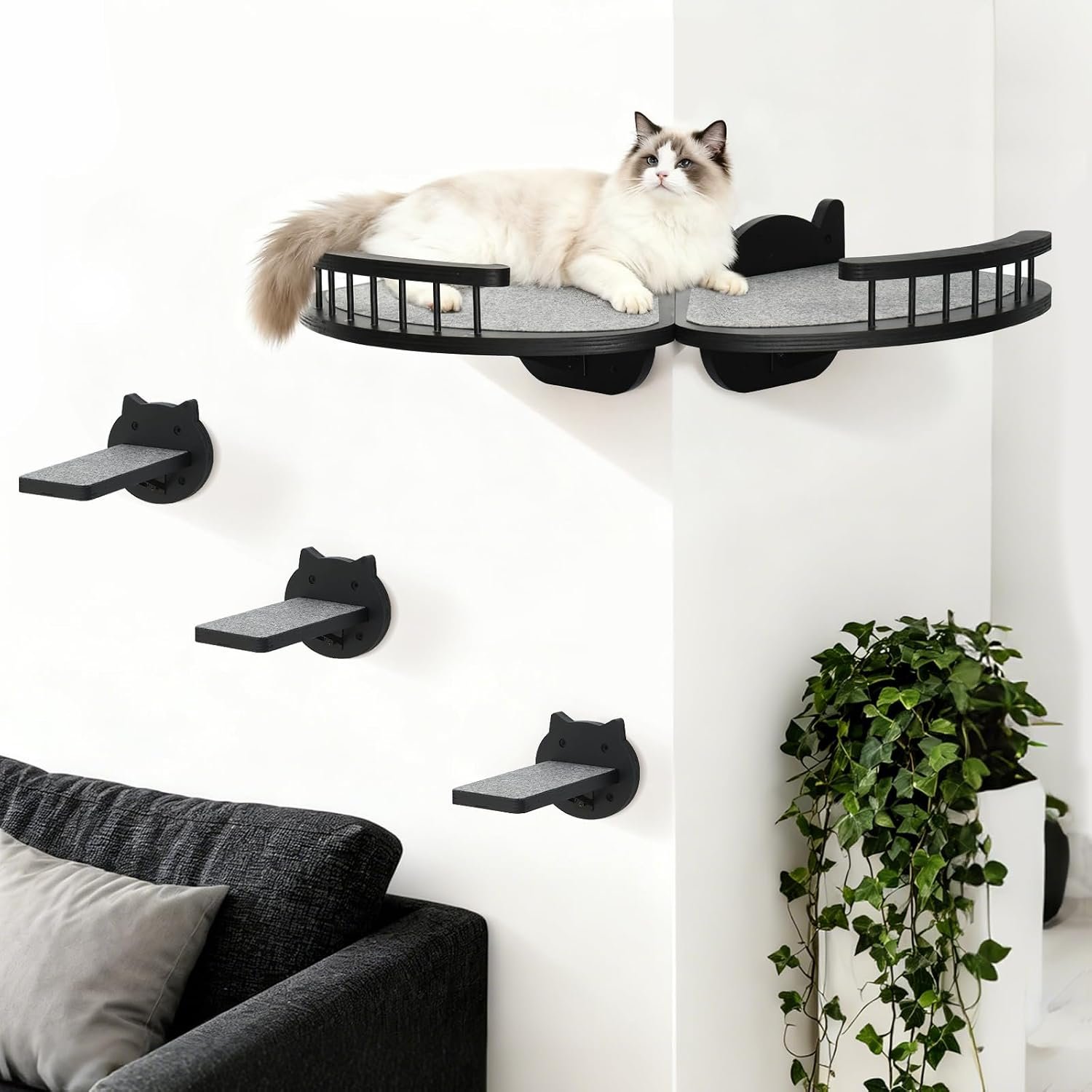 Cat Wall Shelves Furniture Set with Scratching Pad，Wooden Cat Climbing Wall Systems with 2 Perches and 3 Steps, Floating Shelves Bed Wall Mounted for Indoor Fit Up to 15Lbs (Black)