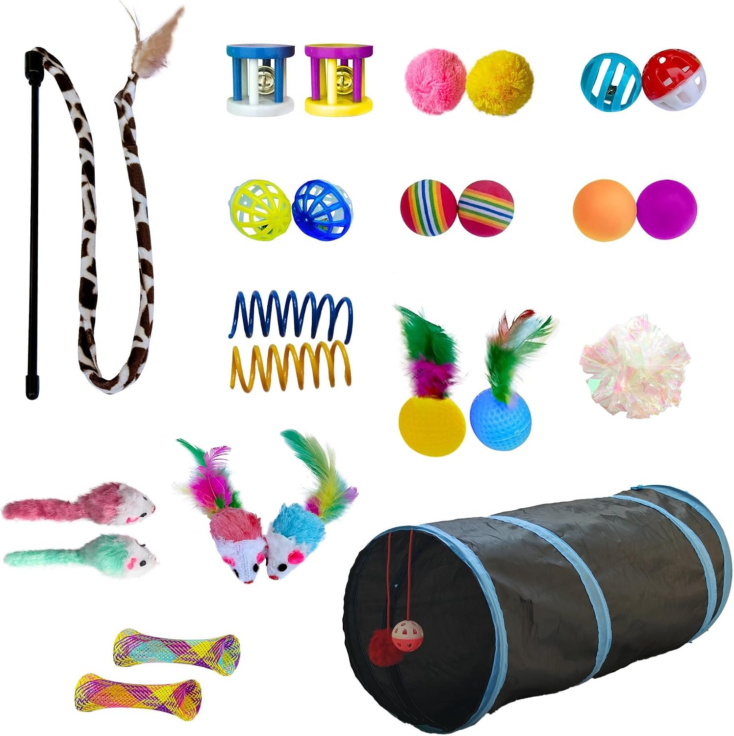 PetLike 25pcs Interactive Cat Toys Set Collapsible Cat Tunnel Interactive Feather Teaser Wand,Spring Toys & Balls for Indoor Cats (Black, 25x55cm)