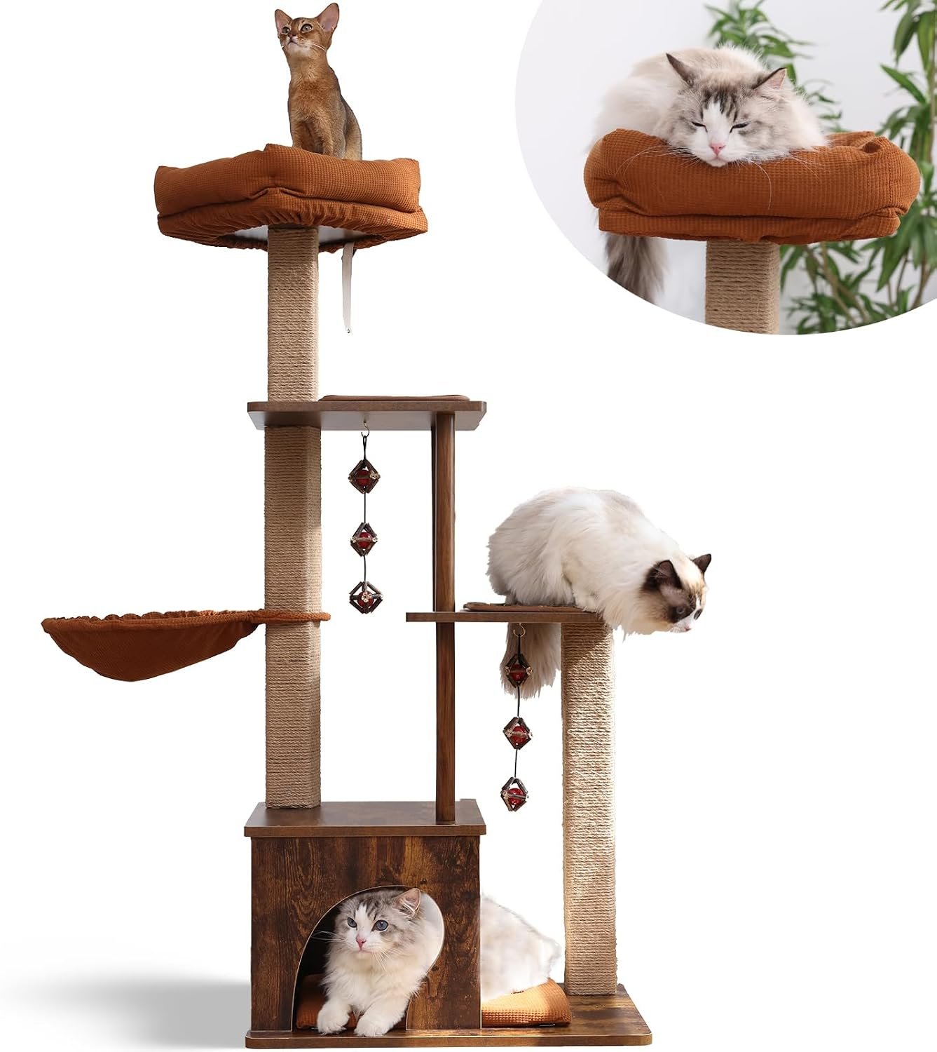 FUKUMARU Retro-Modern Cat Tree, 4 in 1 Large Cat Tower with Hammock & Condo