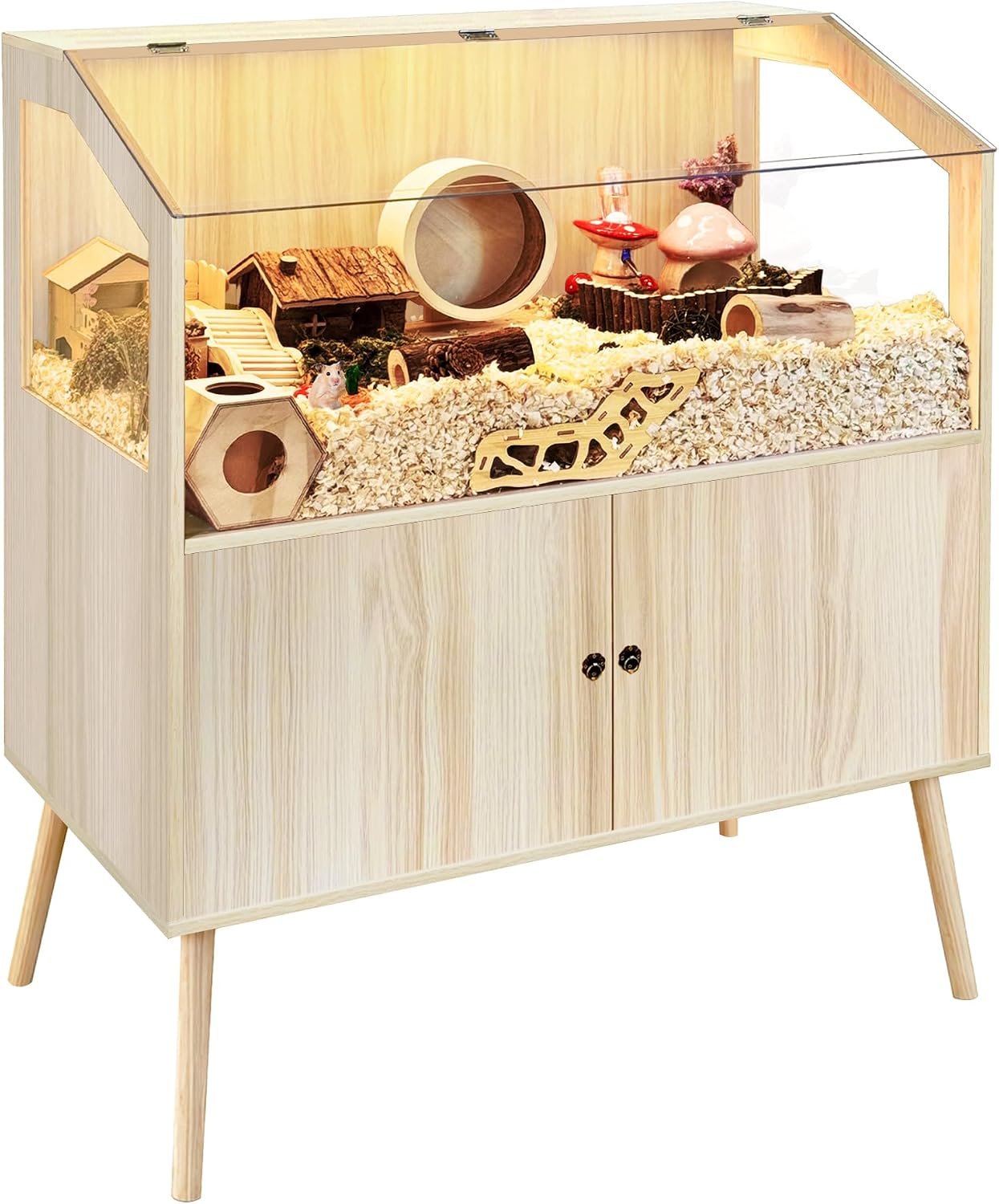 PROLEE Hamster Cage with Storage Cabinet,Large Hamster Encloure Chew Proof Wood,Clear View Hamster Habitat for Guinea Pig, Ferret, Rat, Hedgehog, 40″ L x 20″ W x 47″ H (Oak)