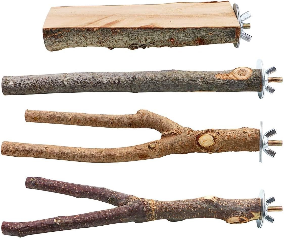 4 Pack Natural Wood Bird Perch Set for Parakeet Cage